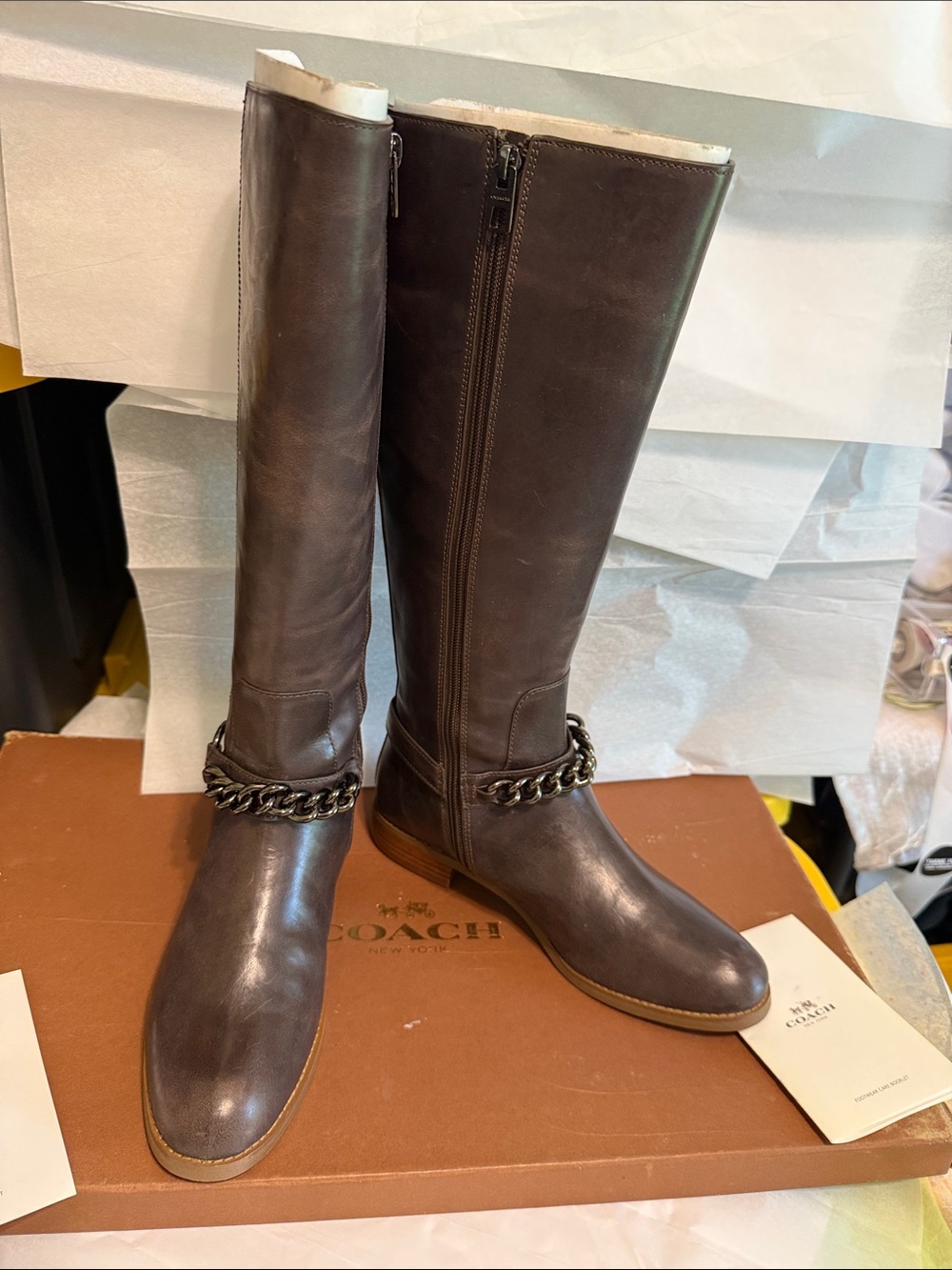 Brown Leather Knee-High Boots with Chain Accent